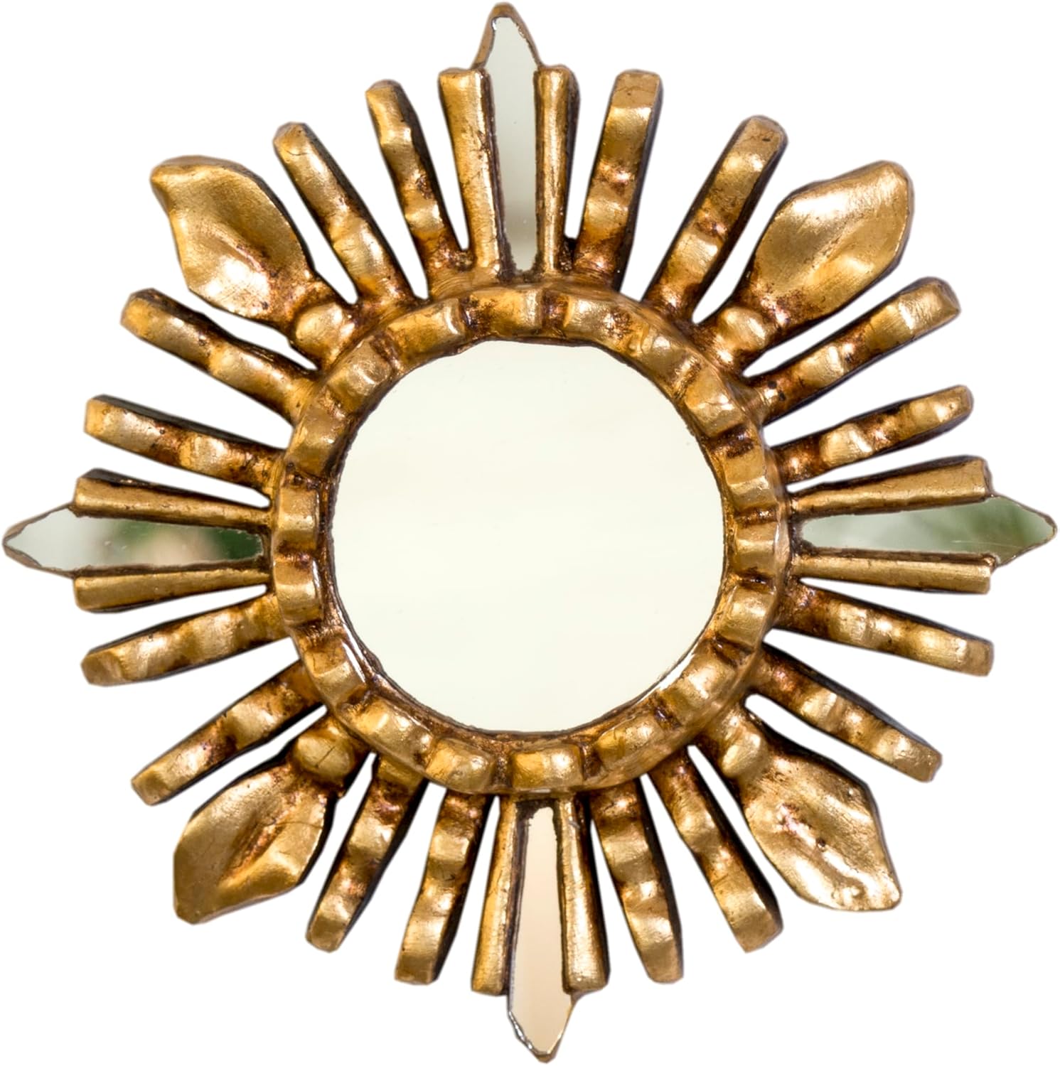 Hand-Carved Peruvian Sunburst Mirror 6" Gold Bronze Leaf Boho Wall Decor Vintage Accent Entryway