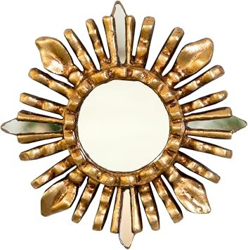 Small Peruvian Sunburst Mirror 6" | Hand-Carved Mohena Wood & Bronze Leaf | Vintage Gold Accent Wall Decor for Boho & Home Entryway Gold