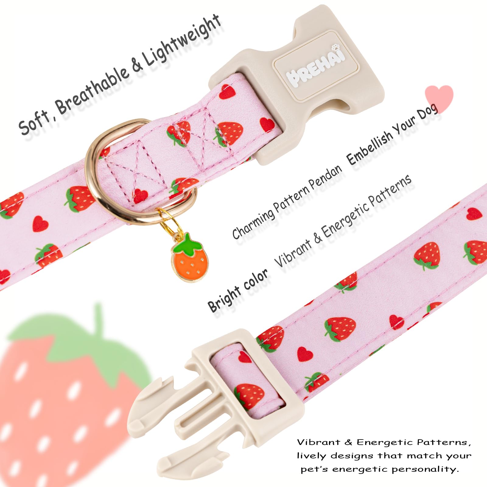PREHAI Pink Strawberry Dog Collar Sweet Spring Summer Collars with Cute Strawberries Pattern for Female Girl Small Medium Large Dogs S - 3