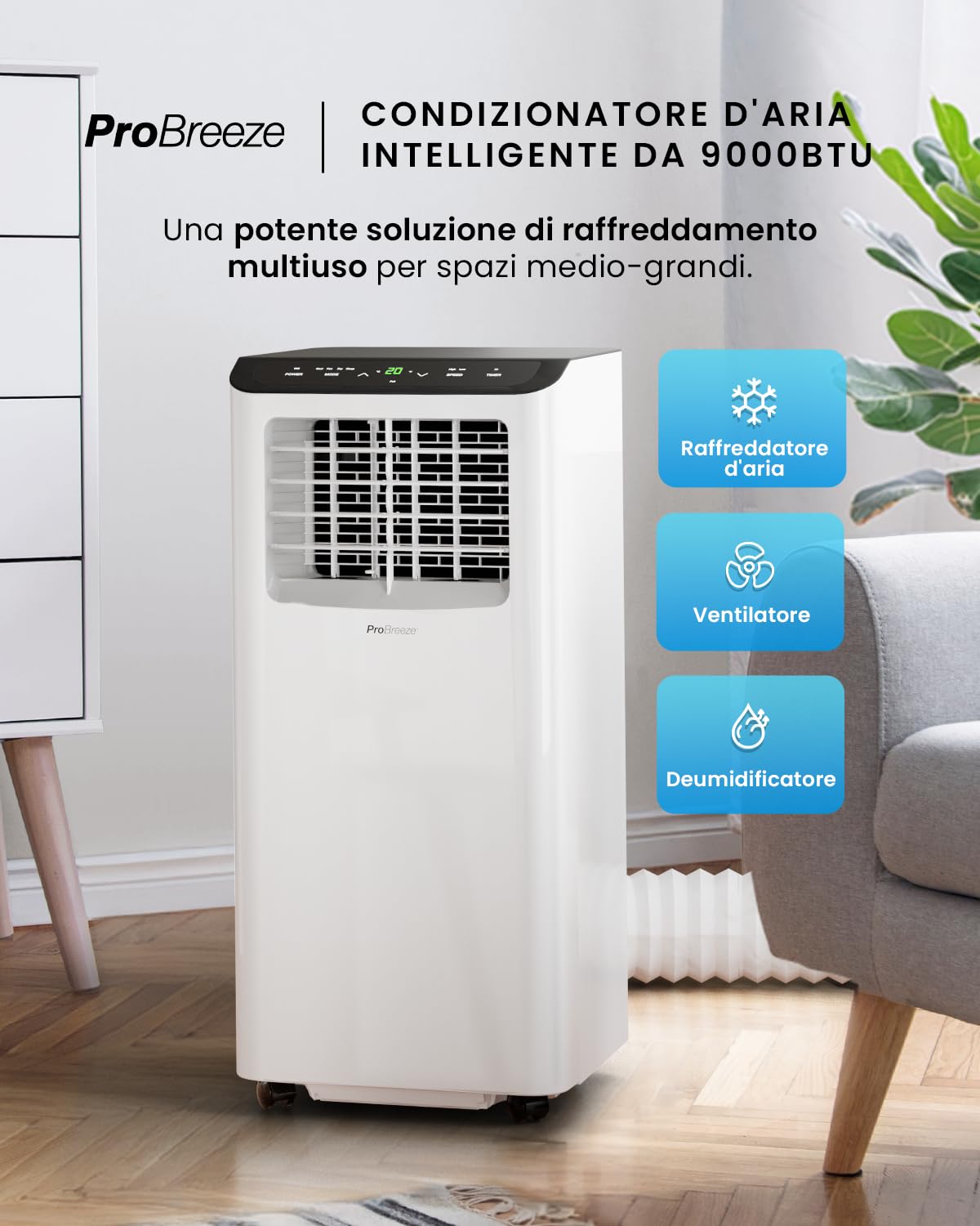 Pro Breeze Condizionatore portatile 9000 BTU 4 in 1. Con telecomando, timer 24 ore e kit di ventilazione per finestre inclusi. Con classe A di efficienza energetica
