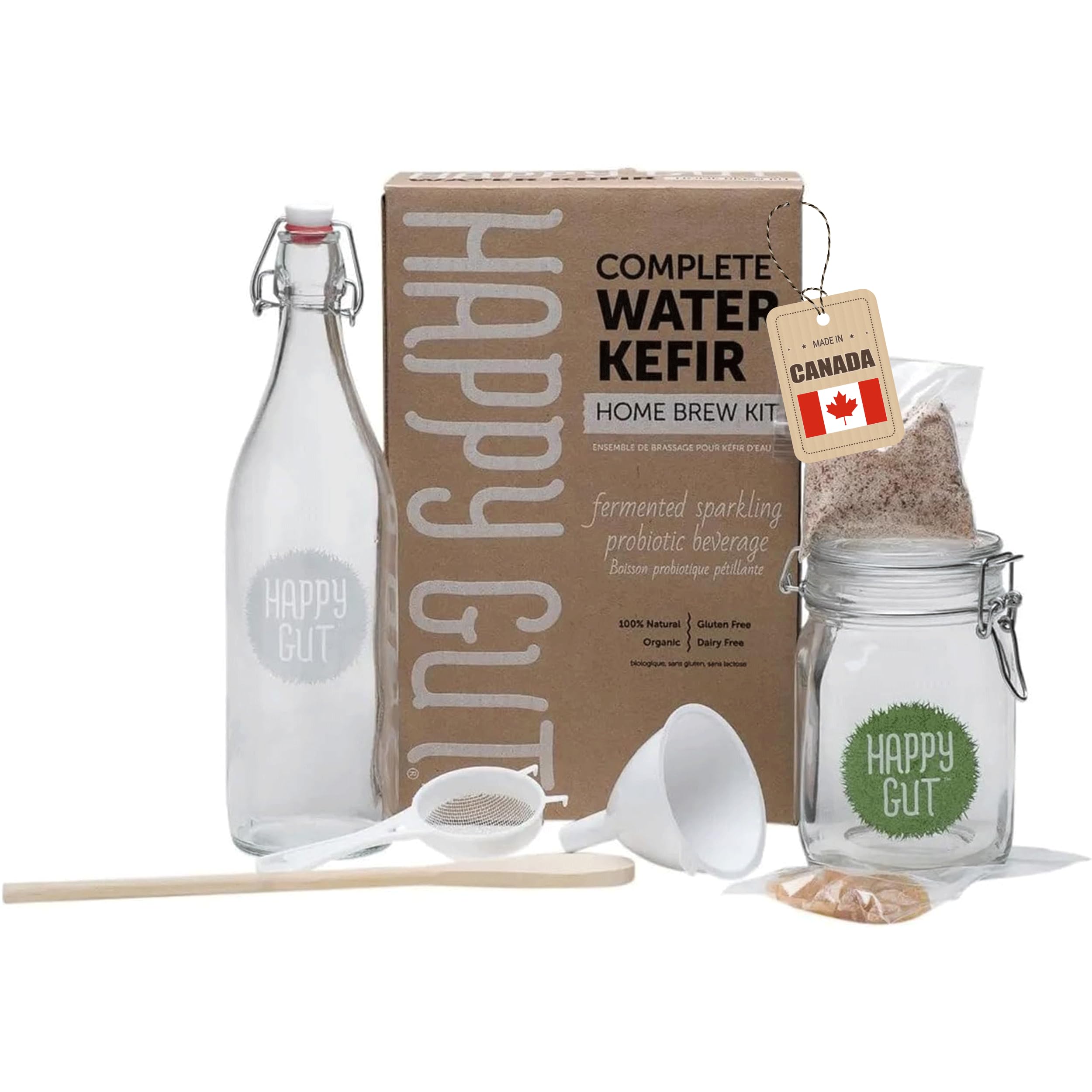 Water KEFIR STARTER KIT By Happy Gut- Includes live water kefir grains, fermentation jar, swivel-top bottle, wooden spoon, strainer, and funnel. Use this kit to create your own.