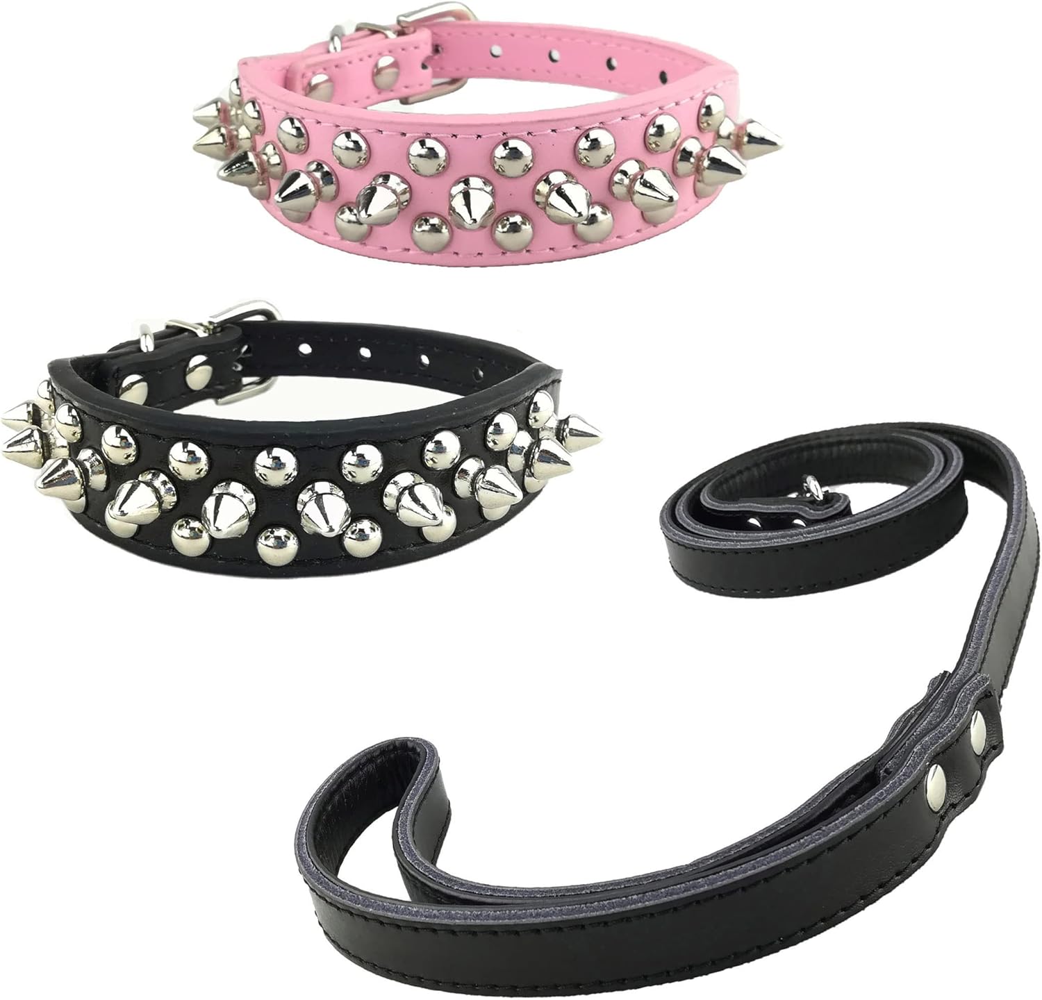 3pcs Stylish Dog Collars and Leash Set Soft Studded Dog Collar with Leather Leash for Small Dogs Medium Dogs