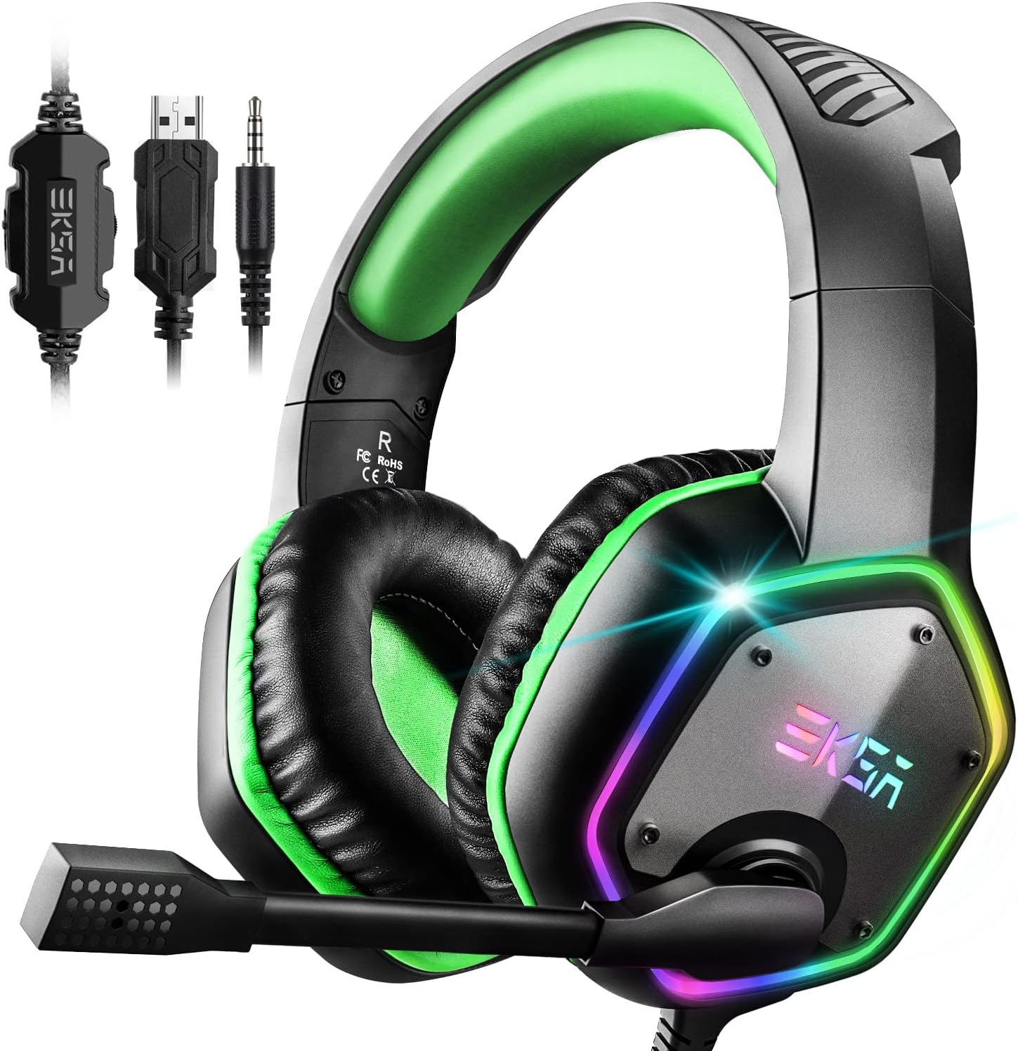 EKSA E1000S Wired Stereo Gaming On Ear Headphone with Noise Canceling Mic & RGB Light Compatible with PC, PS4, Laptop (Green)