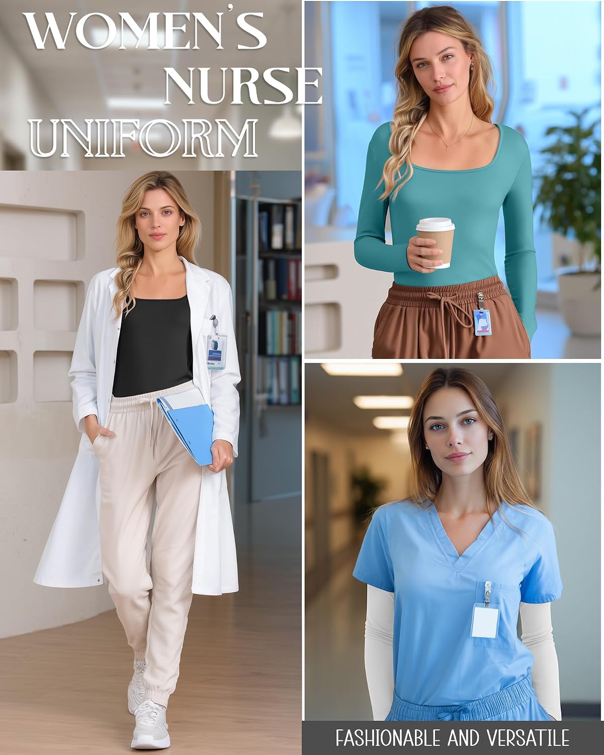 Xaatren 4 Pack Women's Underscrub Shirts Long Sleeve Square Tops Comfort Knit Fitted Layering Undershirts for Nurse
