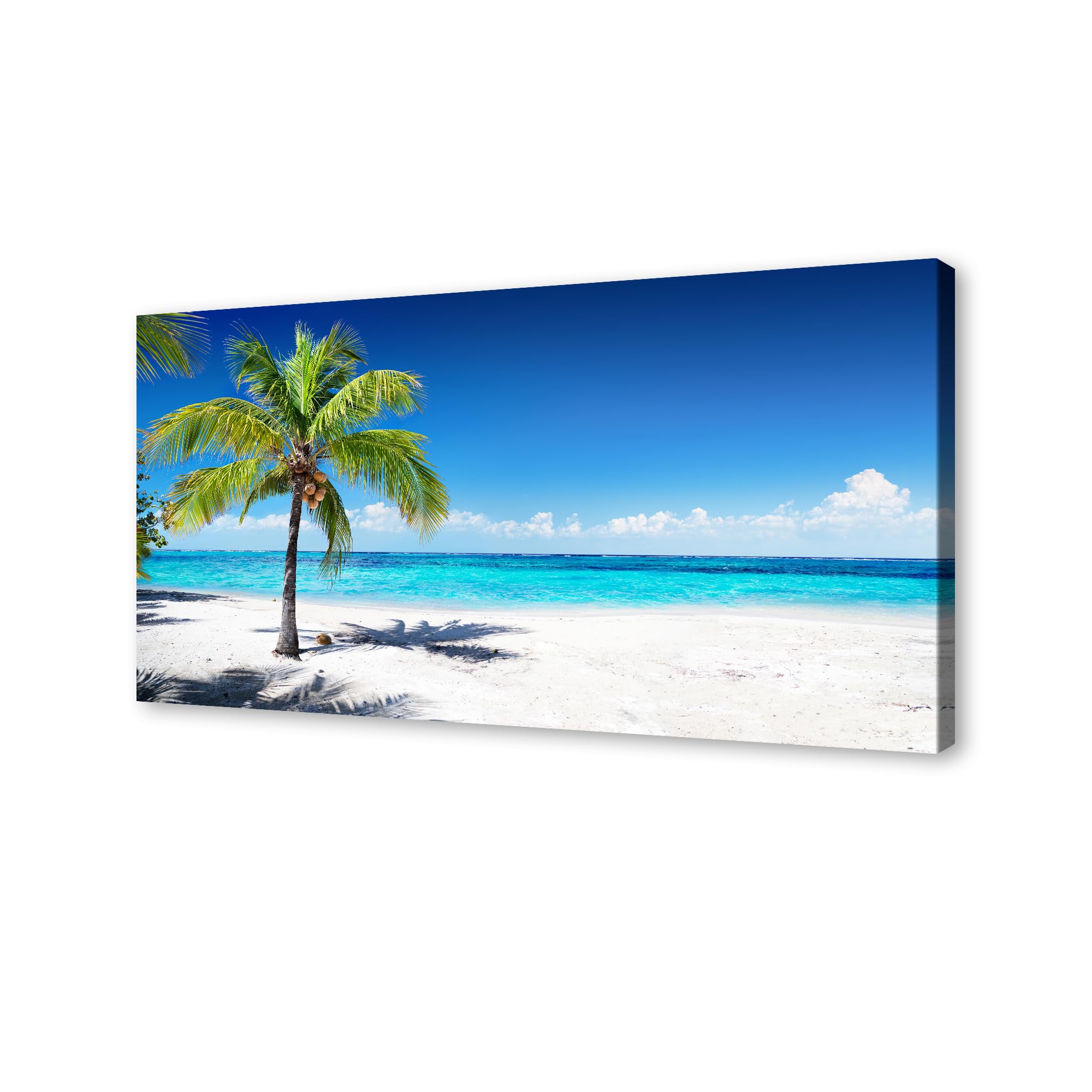 Baisuart-S03998 Large Canvas Wall Art Summer Ocean Waves Prints Coconut Trees on Sands Beach Seascape Painting Sea Nature Pictures Framed for Living