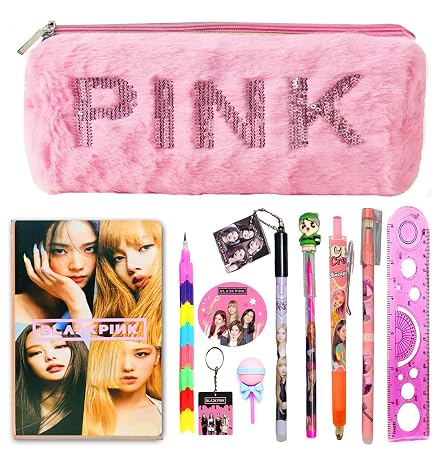 KOBBET® 11pcs Black Pink Stationery Set - Black Pink Pencil Case