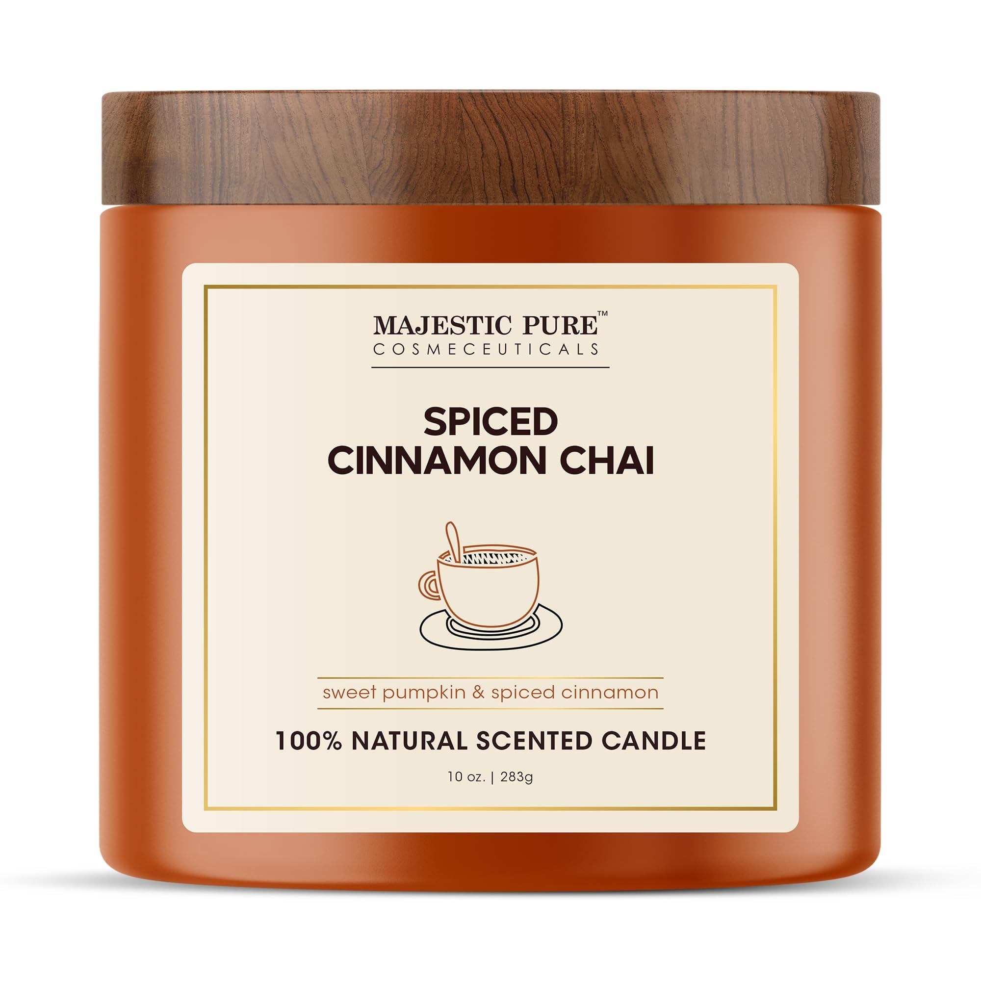 Majestic Pure Pumpkin Cinnamon Scented Candle With Upto 45+ Hrs Burn Time, 2-Wick Candle, Soy Wax Blend For Cleaner Consistent Burn, 283 G Jar Candle With Room Filling Fragrance, Spiced Chai