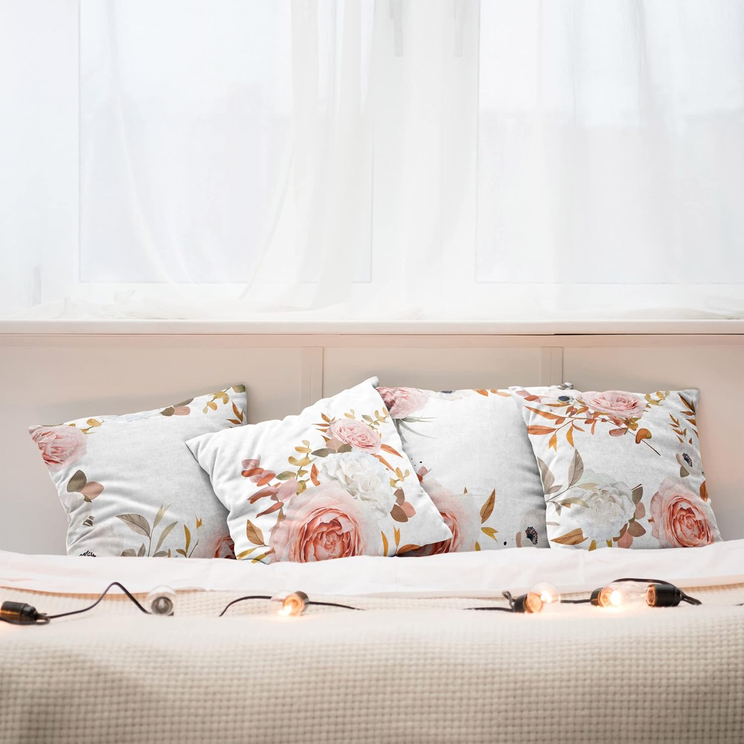 Ambesonne Floral Throw Pillow Cushion Case Pack of 4, Pastel Colored Romantic Style Blossoming Roses and Carnation Minimal Love, Modern Accent Double-Sided Printing, 20" x 12", Coral Fawn and White