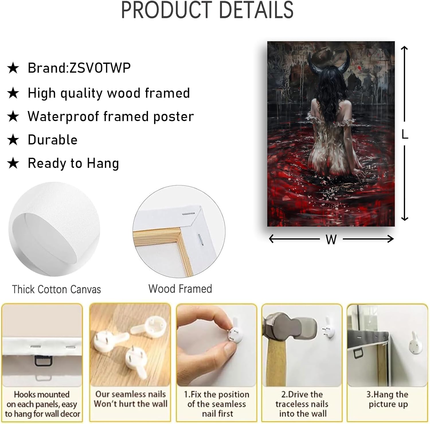 Dark Gothic Wall Decor, Gothic Home Decor, Dark Academia Wall Art, Spooky Female Portrait Creepy Wall Art Ready To Hang (Framed,16×24 inch)