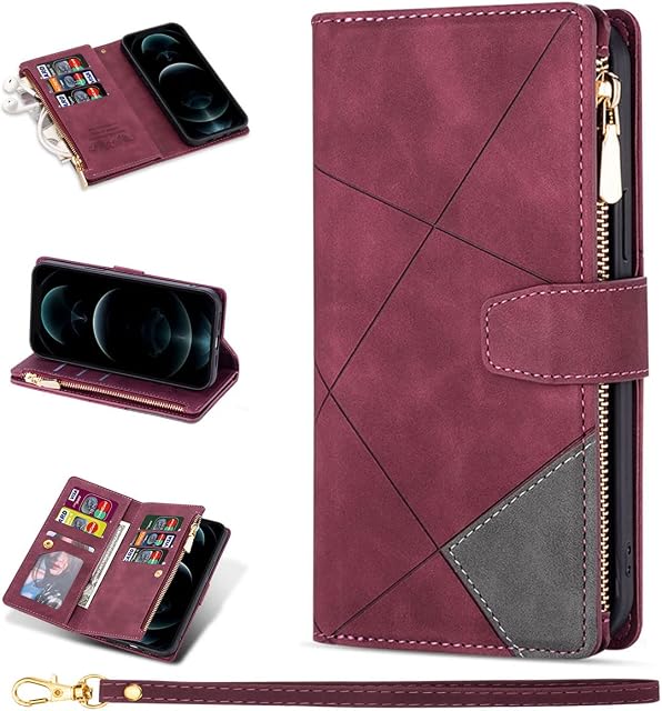 ZCDAYE Wallet Case for iPhone 13 Case with 9 Card Slots Zipper Pocket Handbag Wristlet Folio Flip Cover for iPhone 13-Wine Red