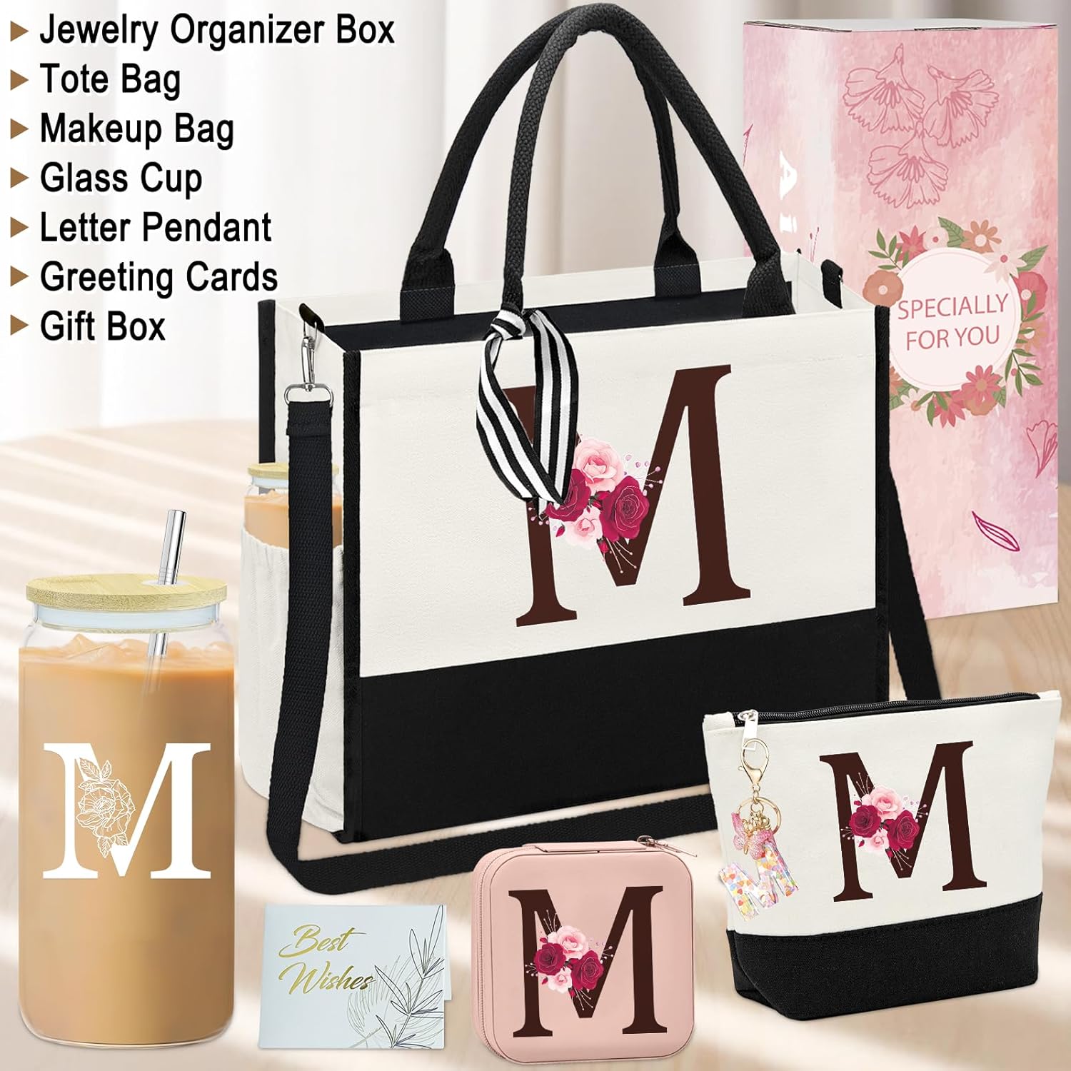 Valentine's Day Gifts,Birthday Gift for Women,Initial Canvas Tote Bag,Personalized Gifts for Women,16oz Glass Cup With Straw,Jewelry Storage Box,Monogrammed Gift for Woman Mom Sister Bestie-M - Image 2