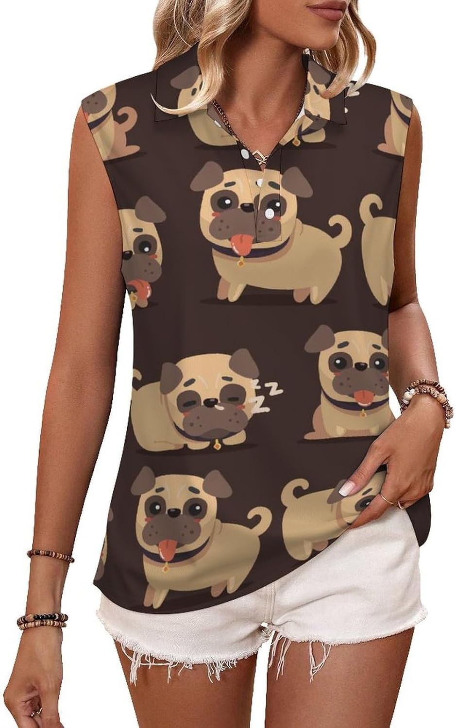 Cartoon Brown Pug Dog Women's Golf Shirt Sleeveless Polo Shirts Tank Tops Blouses Tennis T-Shirts Casual