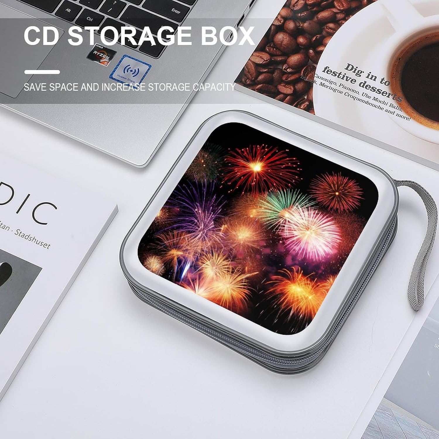 40-sheet Capacity CD Case Storage Bag,Beautiful Fireworks Printed Large Capacity CD Protective Storage Organizer Portable DVD Case for Car, Home,Office,Travel