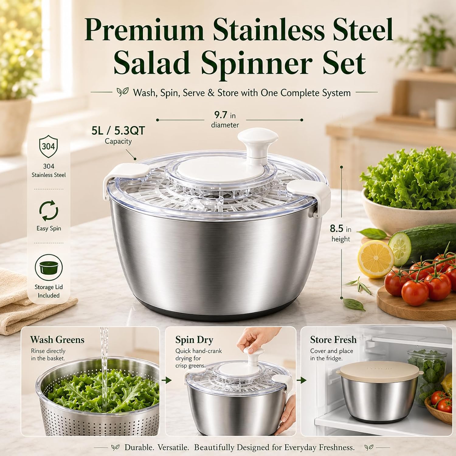 5.3 Qt Stainless Steel Salad Spinner with Storage Lid, Beige White