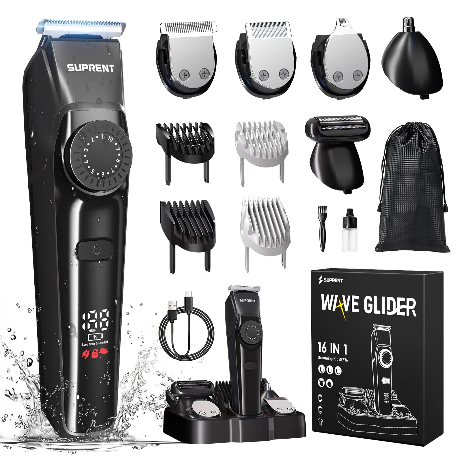 SUPRENT Regolabarba Uomo Professionale –Rasoio Elettrico Barba e Capelli IPX7 Impermeabile Tagliacapelli Uomo per Barba, Capelli, Naso e Orecchie, Idea Regalo (Nero)
