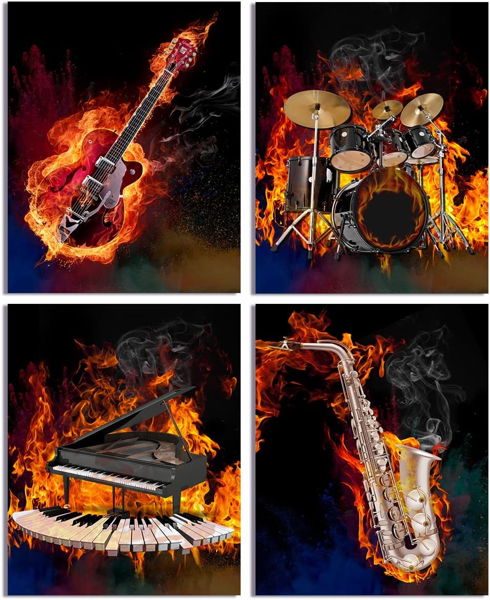 Huagreny Musical instrument wall art painting, the best gift for music fans, suitable for places music room, dance room, room, living room, toy room,  set of 4, 8 X10 ins UNFRAMED