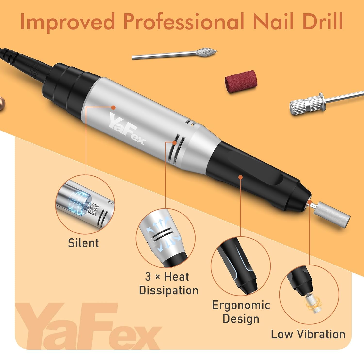 Diagram showing the multifunctional design of the YaFex Nail Drill Machine with labeled ports and holders.
