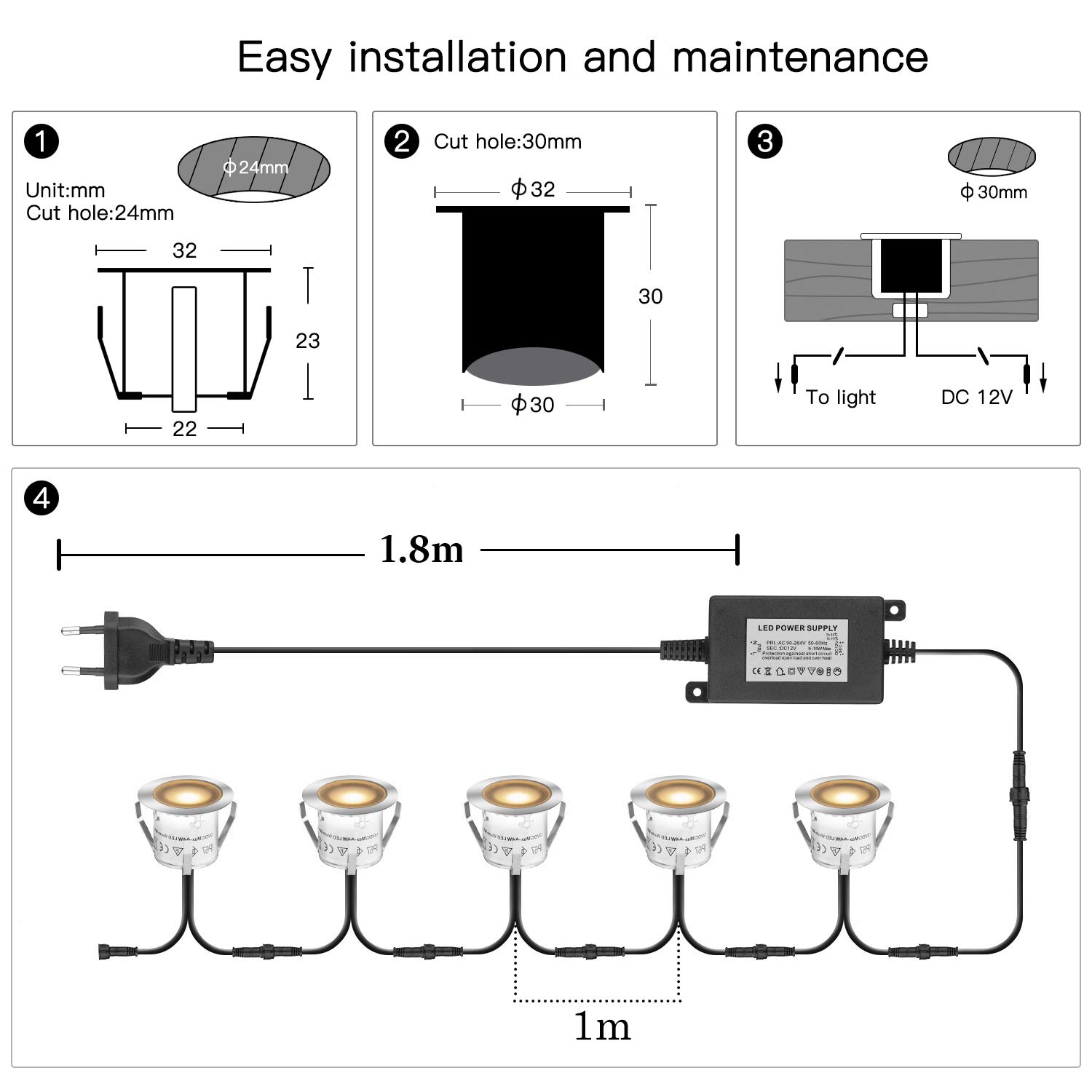 Kit Luci Da Incasso a LED Con Guscio di Protezione φ30mm/24mm, Luci LED IP67 impermeabili Per Terrazze Per Illuminare Il Paesaggio, 10pz Bianco Caldo Per Giardino, Scale, Gradini, Patio