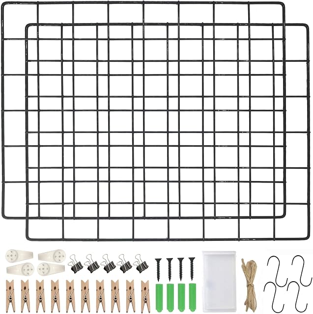 Wire Wall Grid Frame - Grid Photo Wall Panel - Memo Board Wire Picture Hanging Grid Rack, Pack Of 2 Black Grid Panel Wall Display, Mesh Noticeboard in Office, Room DIY