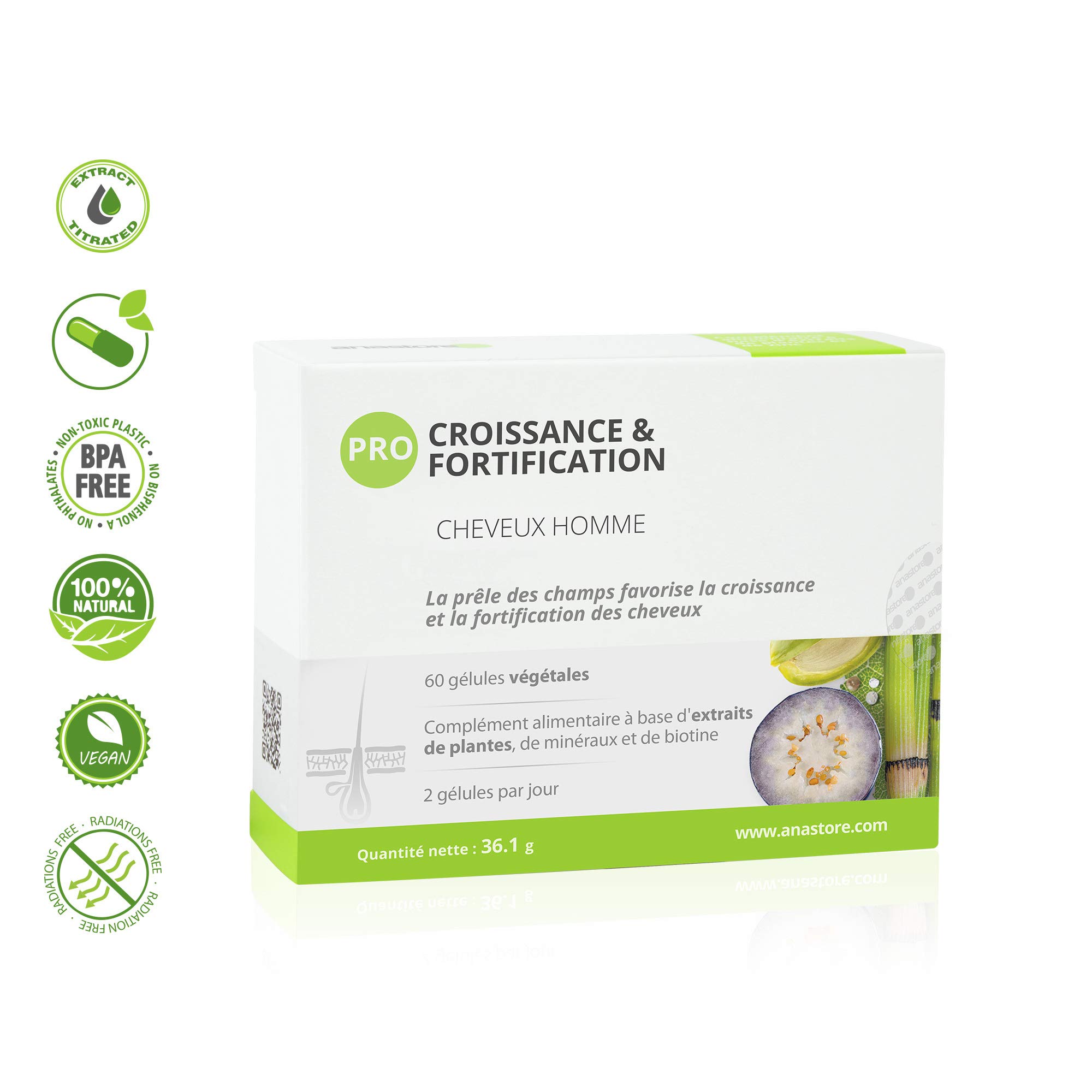 Pro Crecimiento y Fortificación * 499.3 mg / 60 cápsulas * Sabal, Arándano, Té verde, Cola de caballo, Zinc, Selenio y Biotina * Cabello
