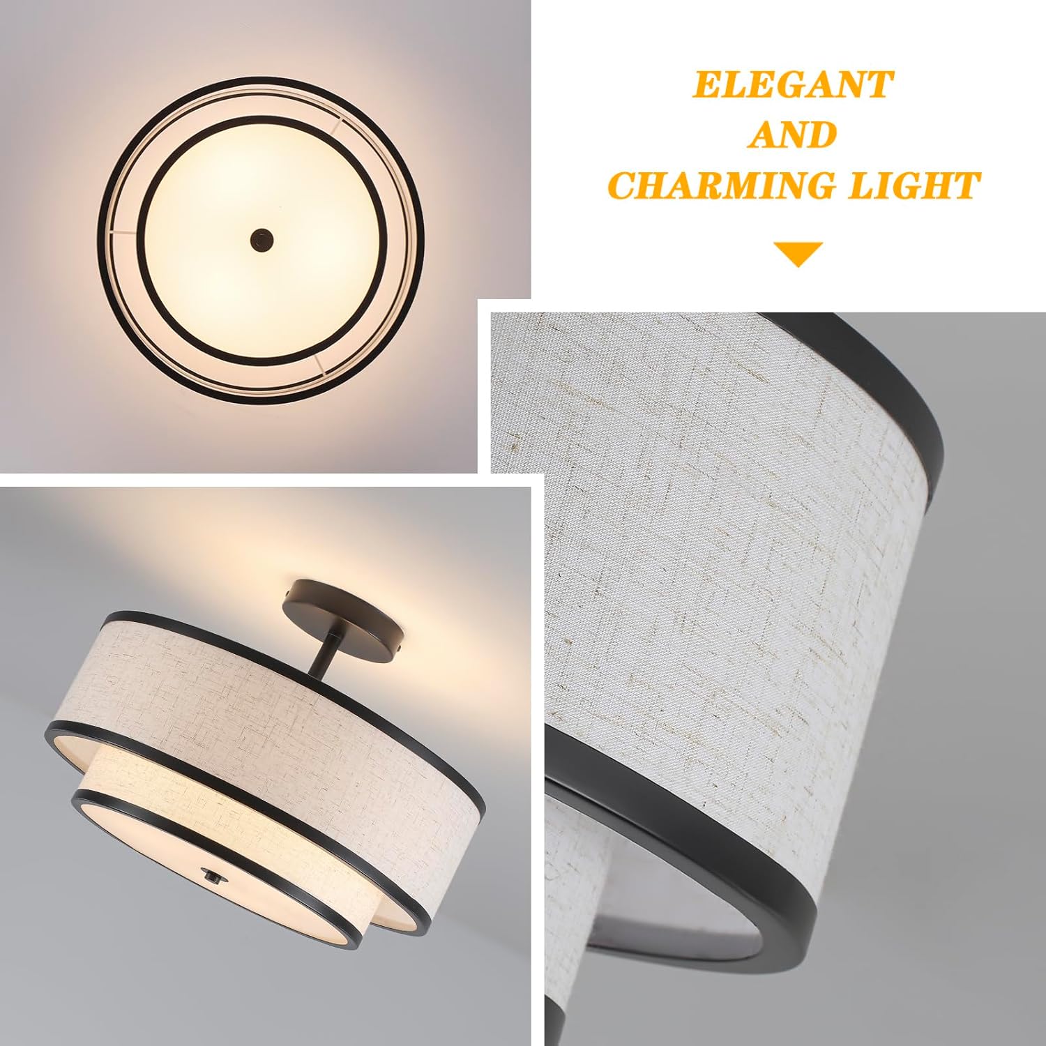 Semi Flush Mount Ceiling Light, 3-Light Double Drum Ceiling Light Fixture with Fabric Shade, Farmhouse Chandelier Dining Room Light Fixture for Bedroom, Kitchen, Hallway (Black)