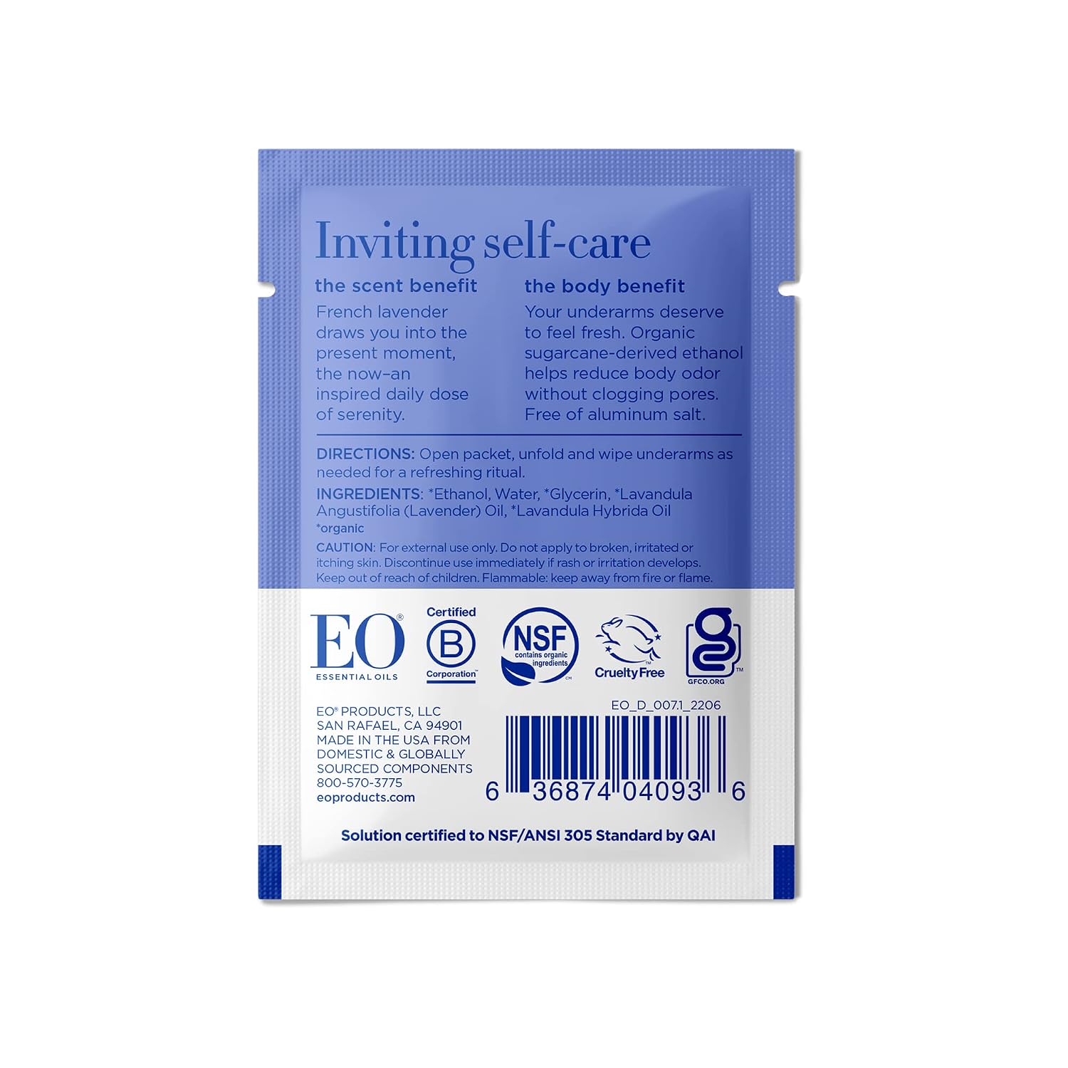 EO Deodorant Wipes, Travel size, 6 Individually Wrapped Wipes (Pack of 3), French Lavender, made with Essential Oils for men and women