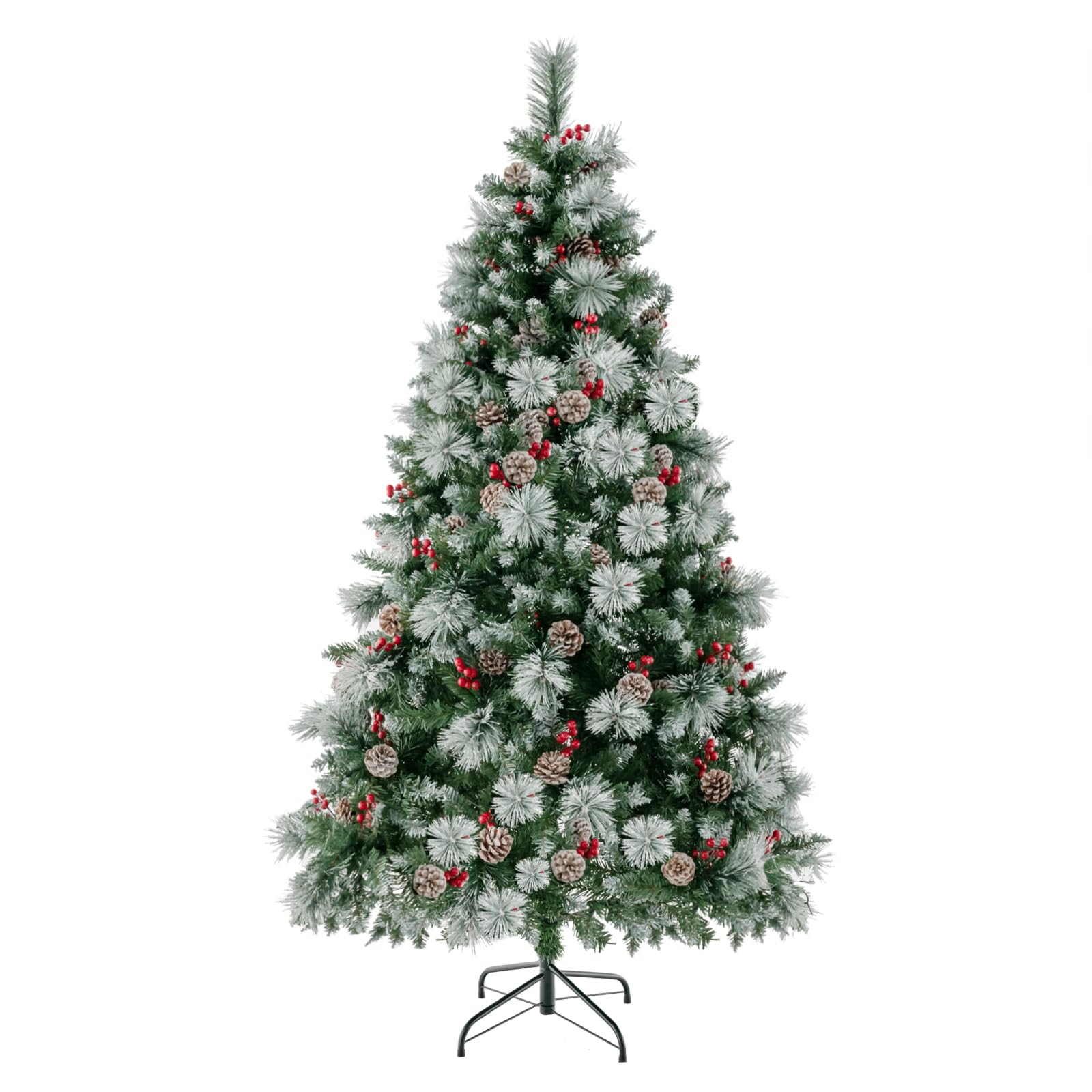 Weihnachtsbaum, LED-Lichter, schneebedeckte PVC-Spitzen, Kiefernnadeln, rote Beeren(7FT)