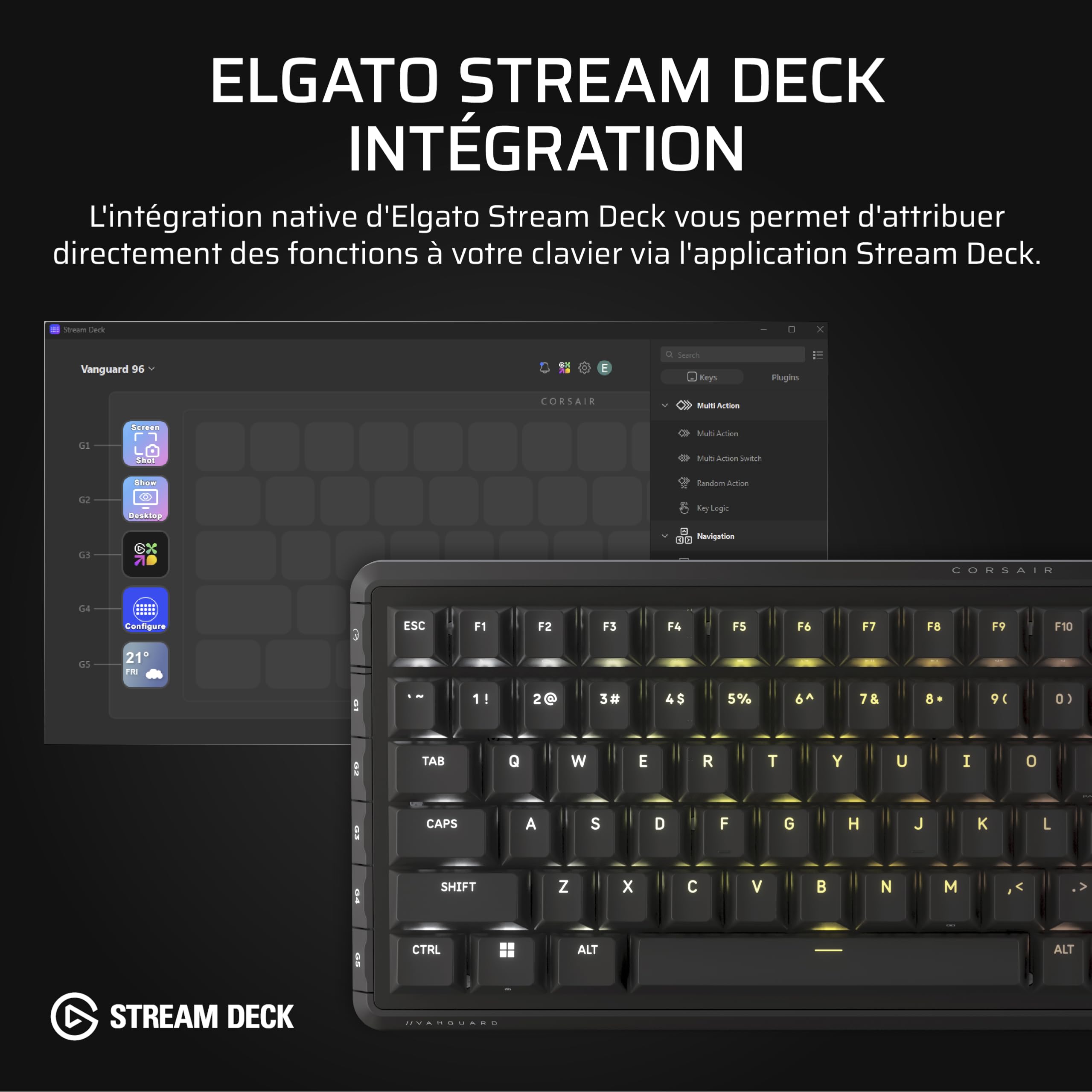 Corsair Vanguard 96 Clavier de Jeu Mécanique Filaire – Noir | 96%, MLX Plasma Commutateurs, Interrogation 8 000 Hz, Rapid Trigger, Stream Deck Virtuel, SOCD Flashtap