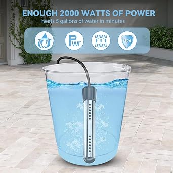 2000w Portable Water Heater, Immersion Heater, 304 Stainless Steel, Digital Display Thermostat, Auto Overheating Cut-Out, Fast Heating In Mins, for Camping Bucket Bathtub Small Pool