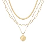 Gold Layered Necklaces for Women, 14K Gold Plated Dainty Coin Pendant Choker Necklace Herringbone Snake Necklace Paperclip Chain Layered Necklaces for Women Jewelry Gifts