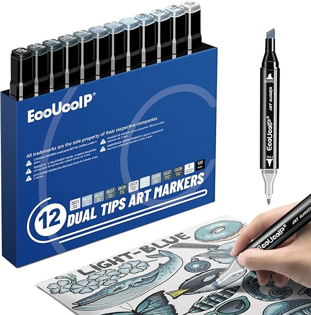 EooUooIP Artist Grey Marker Pens, 12 Colours Permanent Art Markers Pens Dual Tips Drawing Pens, for Architectural Drawing and Manga Coloring (Blue-Grey & Green-Grey)