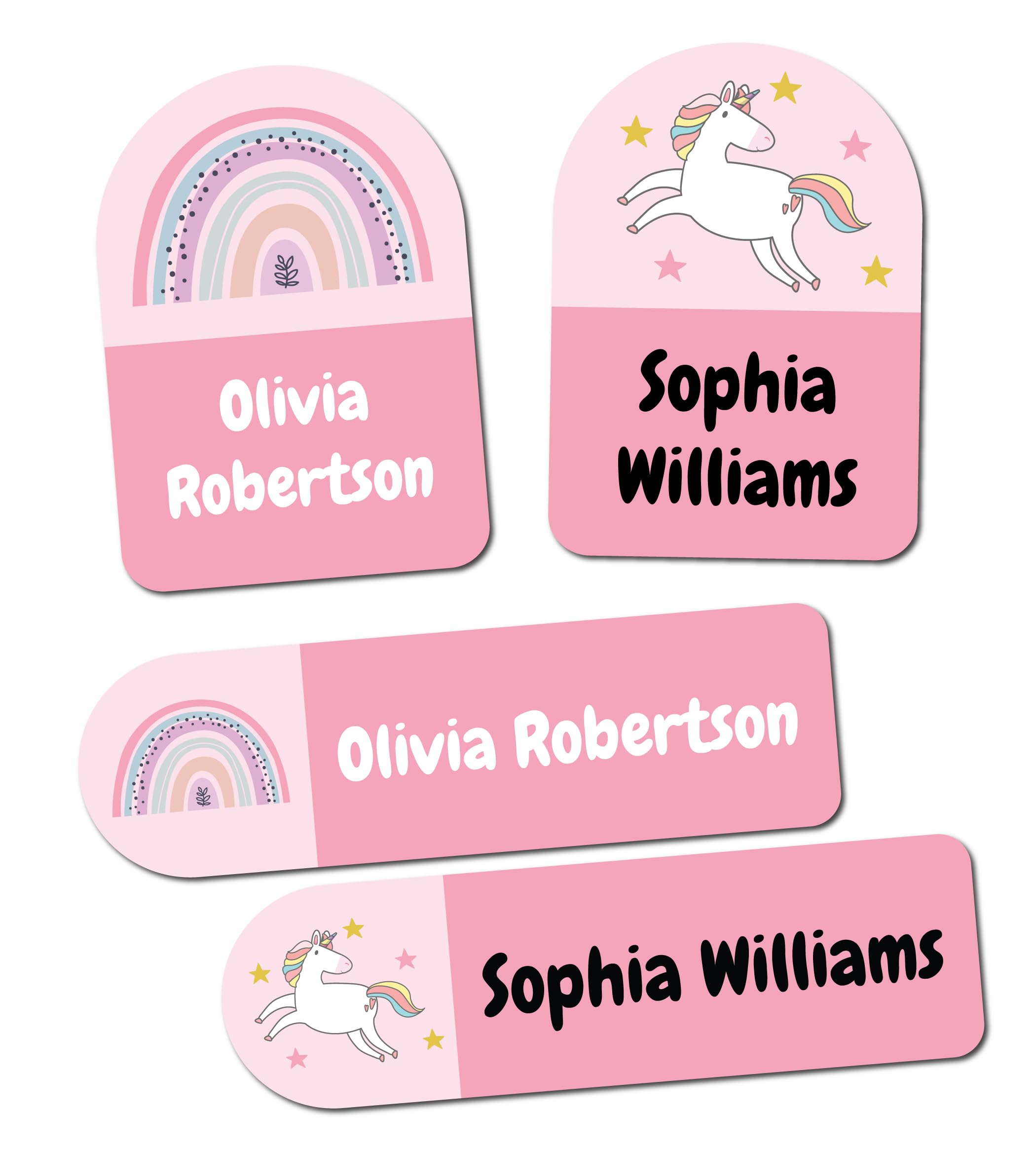 QuoteMyWall 20 Personalised Stick On Clothing Labels Fors Kids School Clothes Nursery Washable Tumble Dryer Safe - Custom Name Sticker Tags for Stationery (Pink (Rainbows & Unicorns))