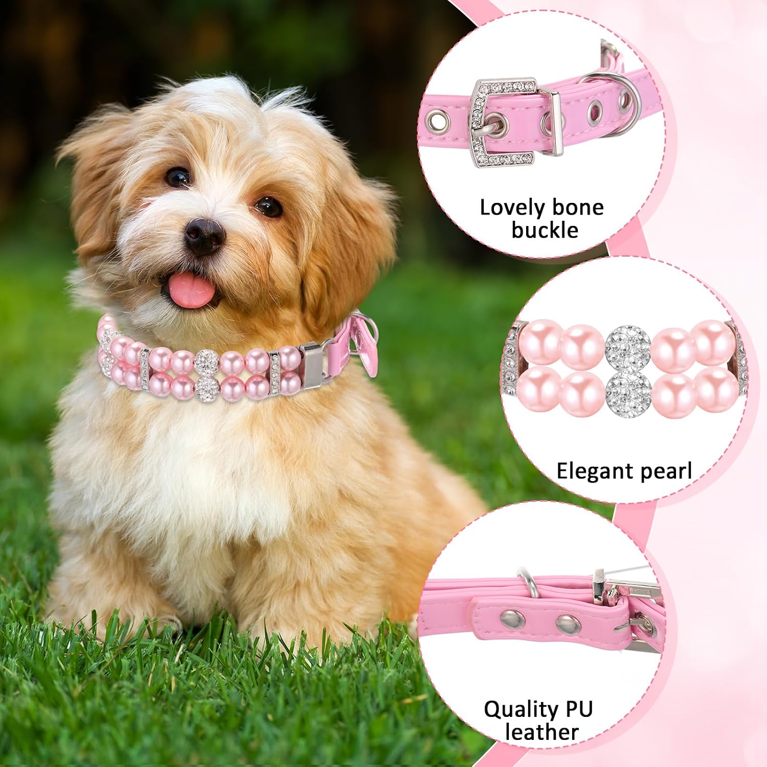Hicarer 2 Pcs Small Dog Cat Pearl Collars and Pearl Necklace Set Cute Pet PU Leather Collars Necklace with Crystal Rhinestone for Dogs Cats Puppy Kitten Party Wedding Birthday(Pink,L)