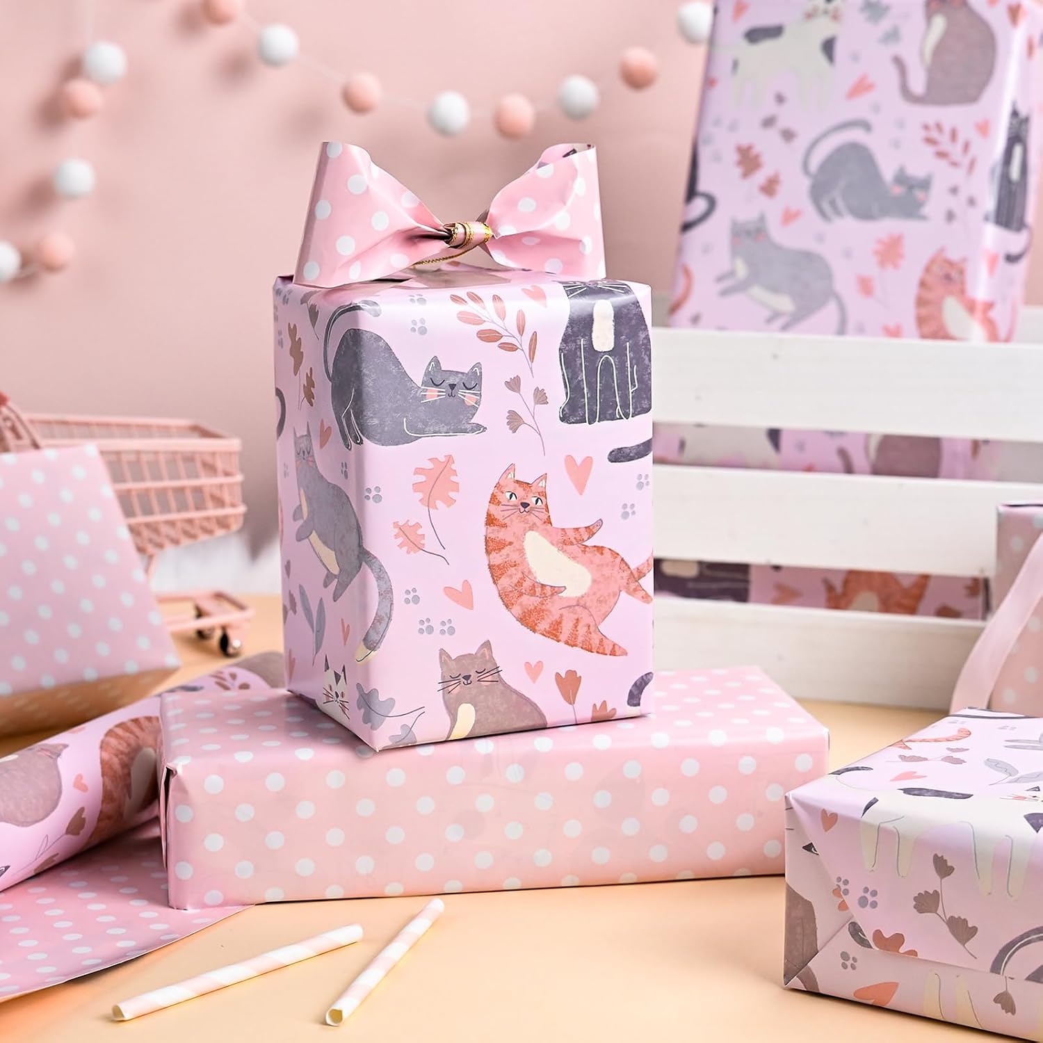 Burymento Reversible Cat Design Wrapping Paper Roll - Pink and white polka dot design on the other side, suitable for Valentine's Day, Birthday, Mother's Day, Wedding, Baby Shower image 2