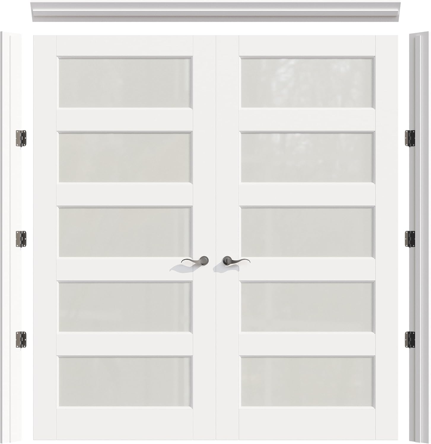 Prehung French Door 72" x 80" (2x36 in), Tempered Frosted Glass Door Slabs with Jamb, Black Hinges, 4 Levers & Latch, Solid Core Interior Door, Pre-Finished & Paintable, MDF Double Doors Interior