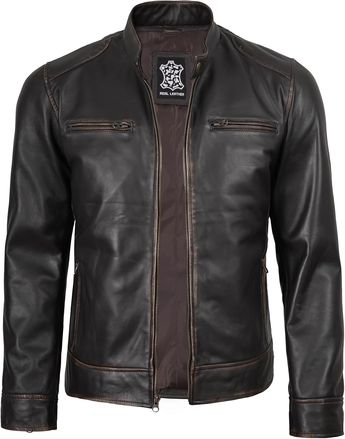 fjackets Mens Leather Jacket - Real Lambskin Cafe Racer Jacket Stand Collar Moto Biker Zip Jacket For Men