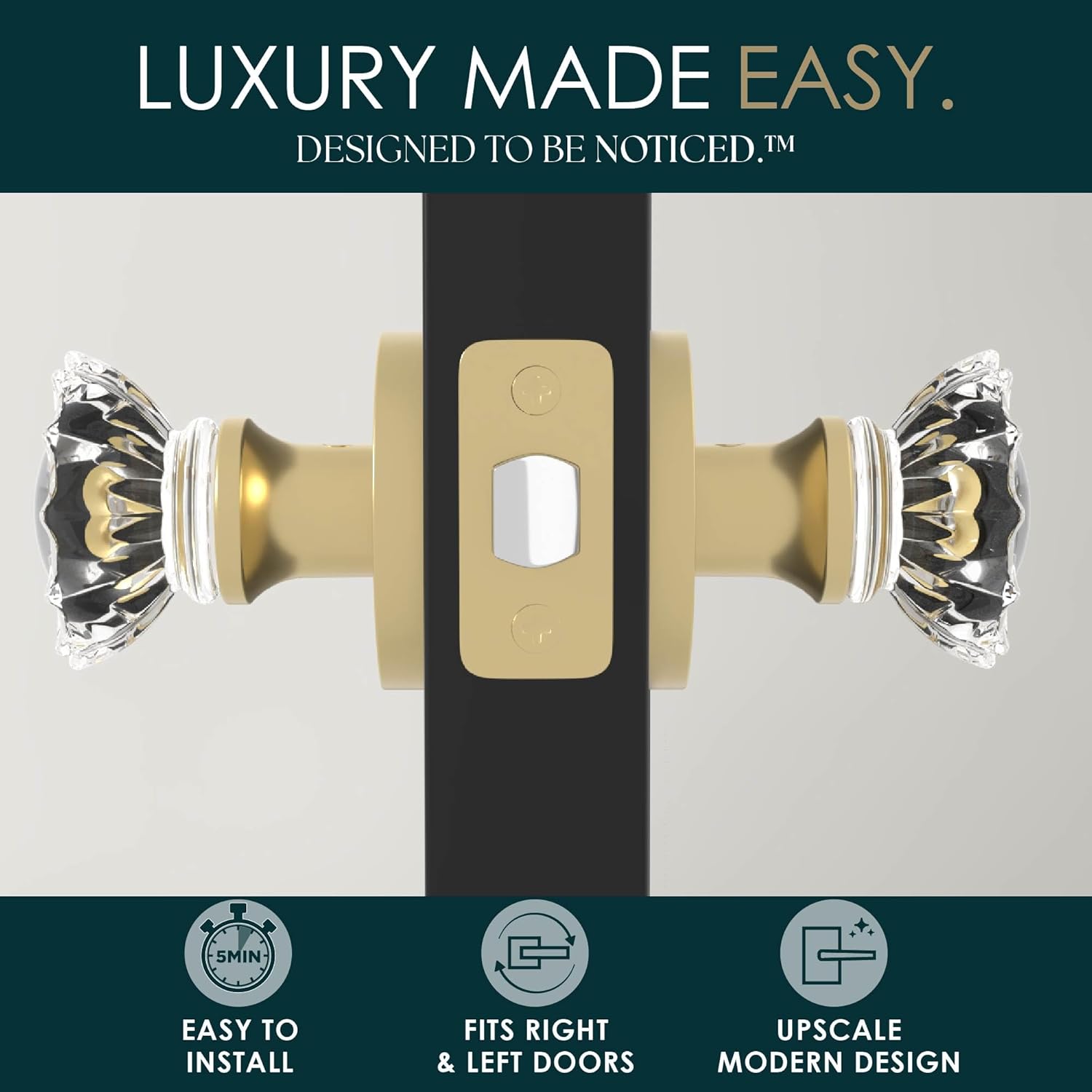 Mega Handles Feerie Crystal Door Knobs - 1 Pack Reversible Passage Door Knobs, Heavy Duty Passage Gold Door Knob for Closet & Hallway, No Lock, Fits All Standard Door Sizes - Satin Brass