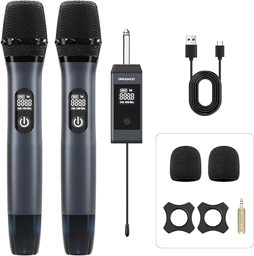 Micrófono inalámbrico, sistema de micrófono dinámico de metal inalámbrico dual UHF con receptor recargable, adecuado para cantar karaoke, bodas,