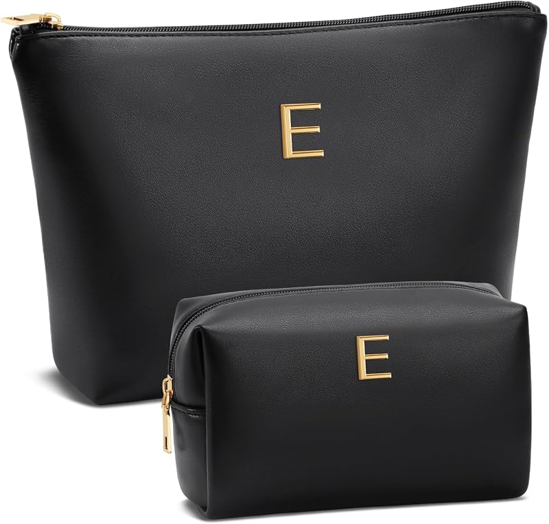 Necessaire de Maquiagem CLOUDWINGS em Formato Retangular com Inicial Metálica, Preta, 1 Unidade