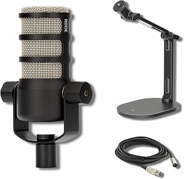 Rode PodMic Dynamic Broadcast Microphone Bundle with DS2 Weighted-Base Desktop Mic Arm and 10-Foot Balanced XLR Cable Cardioid XLR Studio Mic for Podcasting, Streaming, Voice Over, Broadcasting