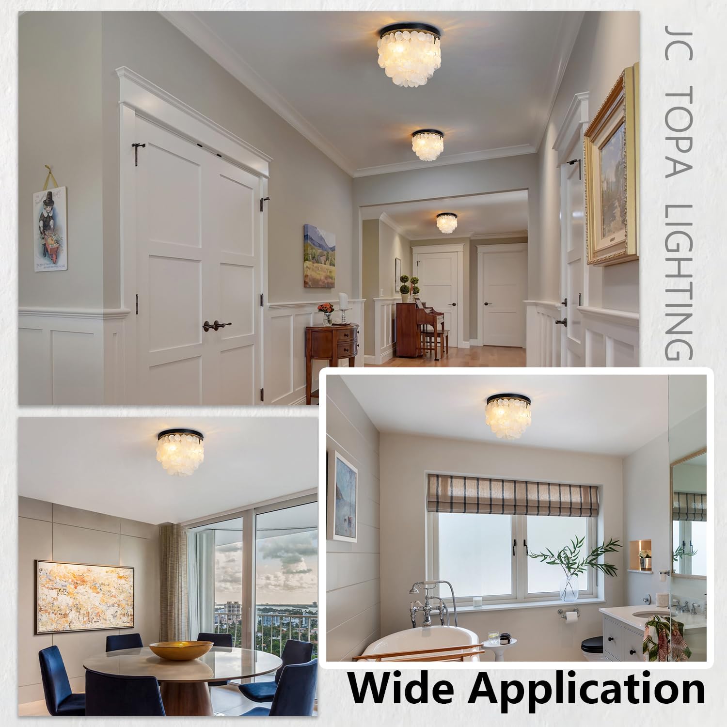 capiz shell ceiling light fixtures, 3-light boho flush mount ceiling light for living room, bedroom, kitchen island, foyer, entryway, black