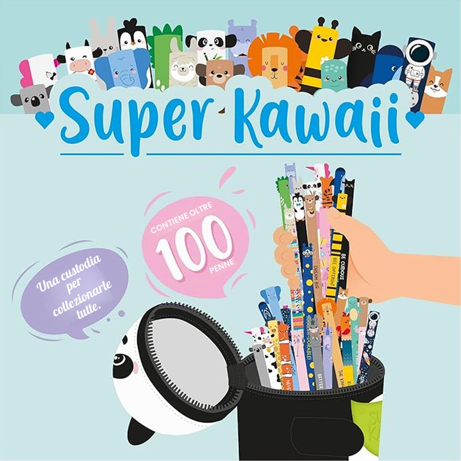 LEGAMI Super Kawaii, portapenne da tavolo in morbido silicone + set di penne cancellabili, edizione Panda, 100 penne con inchiostro cancellabile termosensibile, inchiostro colorato e disegni di