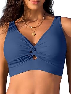 Bikini Tops for Women Padded V Neck Swimsuit Tops Knot Twist Hollow Cut Adjustable Tank Bathing Suits
