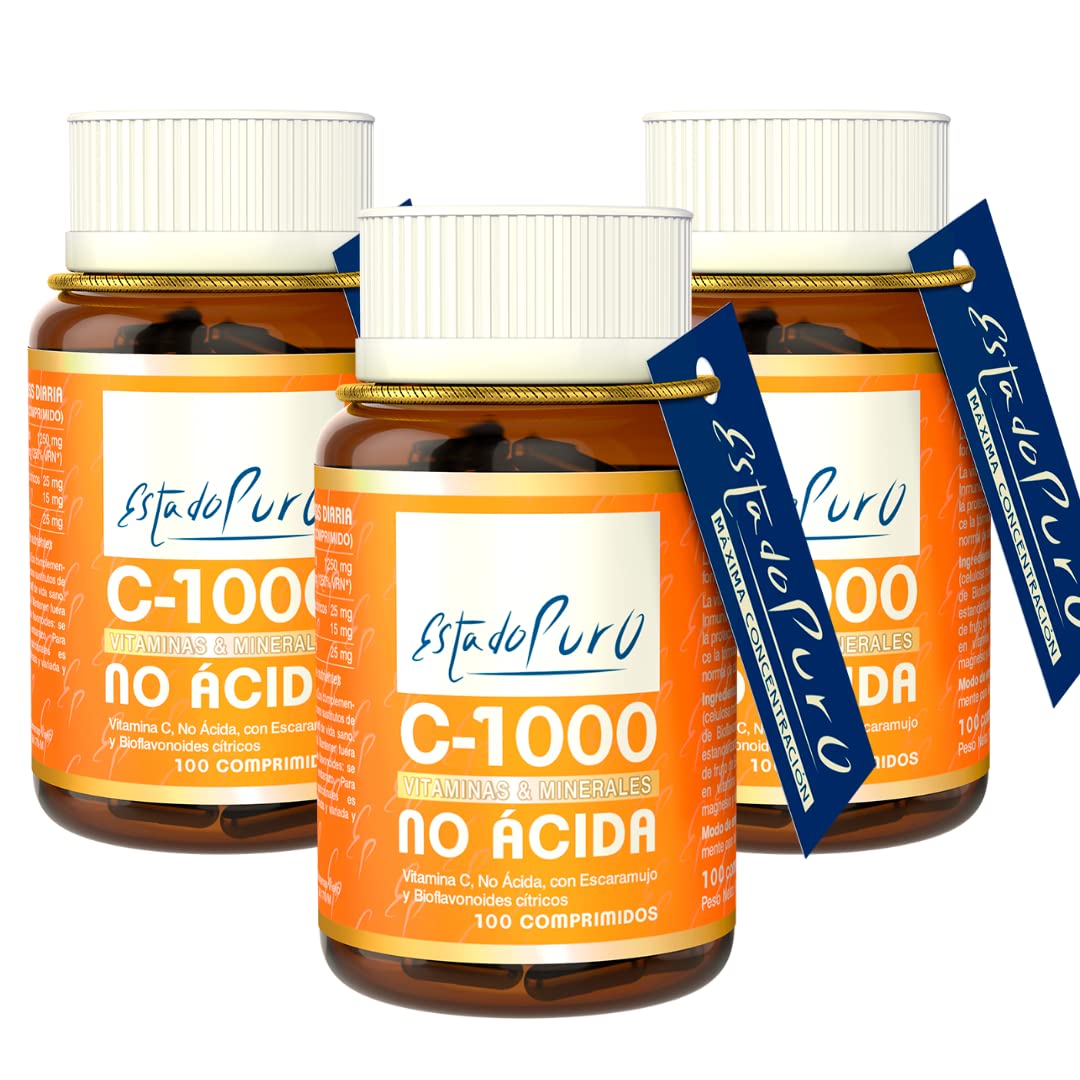 Vitamina C No Ácida 1000 mg Estado Puro | 100 Comprimidos con Escaramujo y Bioflavonoides Cítricos | Alta Absorción - No Irritante | Calidad Tongil (Pack de 3) | Vitamina C Tamponada No Ácida, Escaramujo y Bioflavonoides Cítricos, Alta Absorción, Vegana,