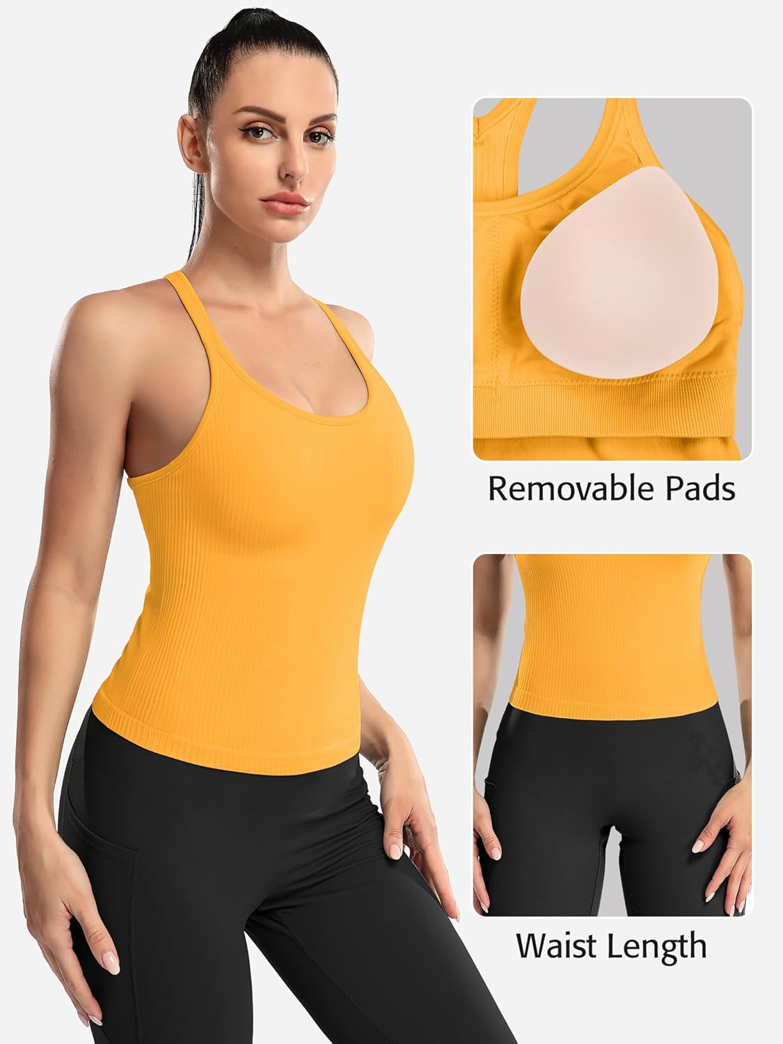 ATTRACO Women Ribbed Workout Crop Tops with Built in Bra Yoga Racerback Tank Top Tight Fit 10 Mango Yellow image 8 of 9 B0F48CLYK7