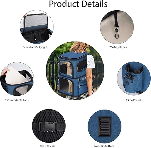Vista 17 de Mochila transportadora de mascotas de doble compartimento para gatos pequeños y perros, transportador de viaje para gatos para 2 gatos, perfecta Gris