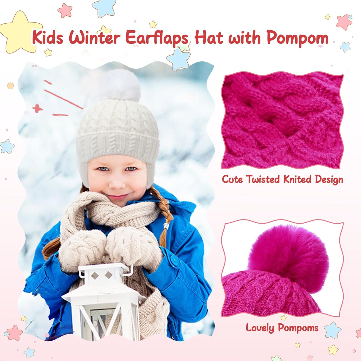 Toddler Baby Winter Hat with Earflap Kids Warm Twisted Knit Hat Infant Pom Pom Beanie Ski Cap for Baby Girls Boys - Image 4