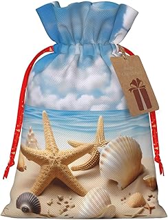 Zelamiee Starfish and Seashells On Beach Christmas Drawstring Burlap Gift Bags for Men Women 4.7
