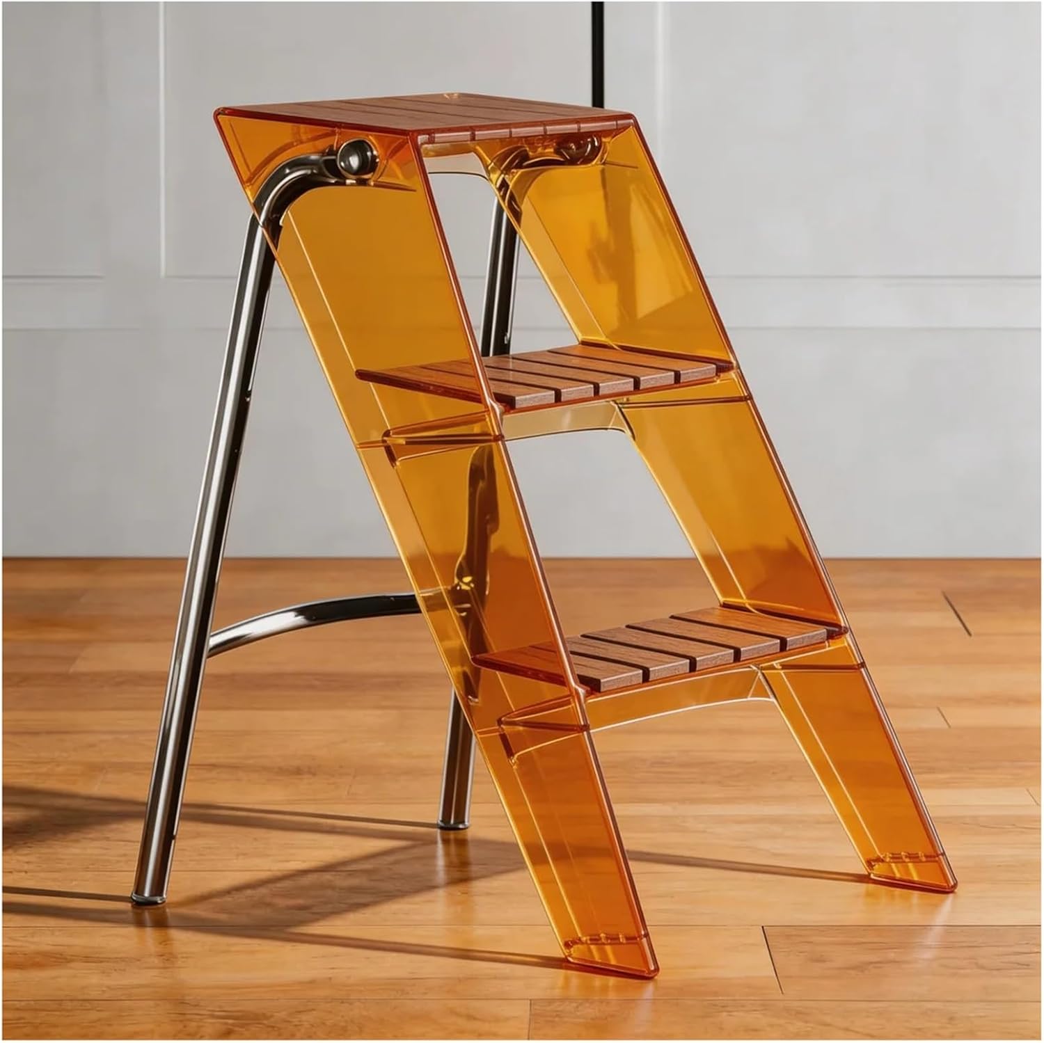 3-Step Clear Acrylic Folding Step Stool Display Stand/Shelf Portable Steps Ladder Non-Slip Textured Silver-Plated Frame L44xW52xH63cm No Assembly Required Load 330-lb