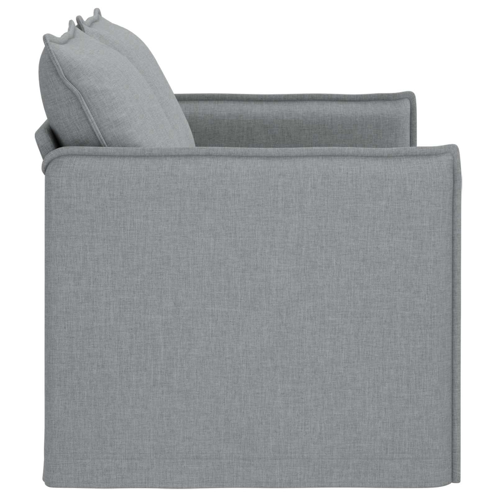 Divano rettangolare moderno, design modulare componibile, struttura metallo e legno, tessuto grigio traspirante, imbottitura schiuma fibra, dimensioni 136x82x85 cm, per soggiorno e camera da letto